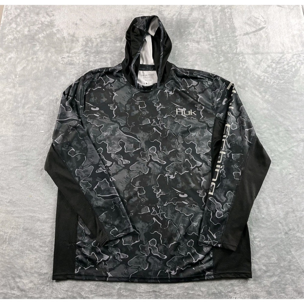 Huk Hoodie Mens 2XL Black Gray Camo Pullover Fishing Performance Lightweight